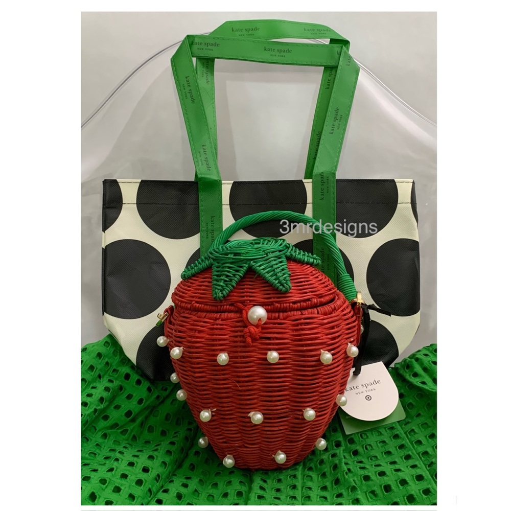 NWT Kate Spade ♠️ Target Pearl Embellished Wicker Strawberry Bag+1 Gift Tote Bag